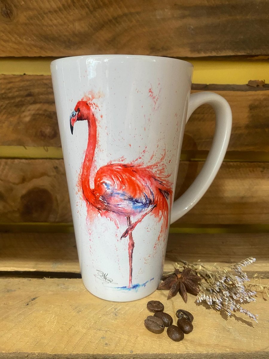 Flamingo Latte Mug, 17oz Ceramic Coffee Mug, Colourful Wildlife Art Mugs by Wate