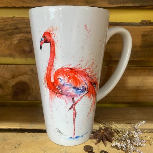 Flamingo Latte Mug, 17oz Ceramic Coffee Mug, Colourful Wildlife Art Mugs by Wate