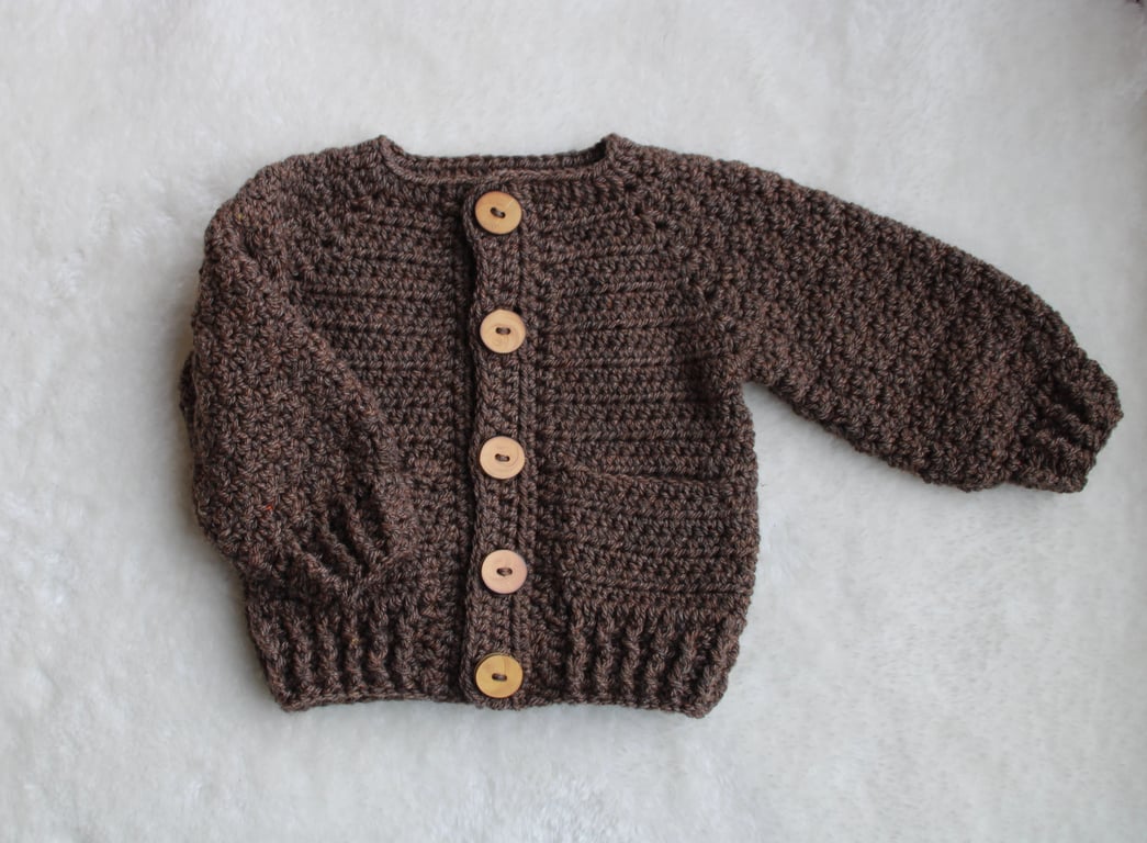Brown Baby Cardigan - Unisex Long Sleeved Sweater - 6-12 Months - Boys Cardigan