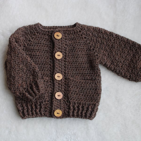 Brown Baby Cardigan - Unisex Long Sleeved Sweater - Boys Cardigan - Wool Sweater