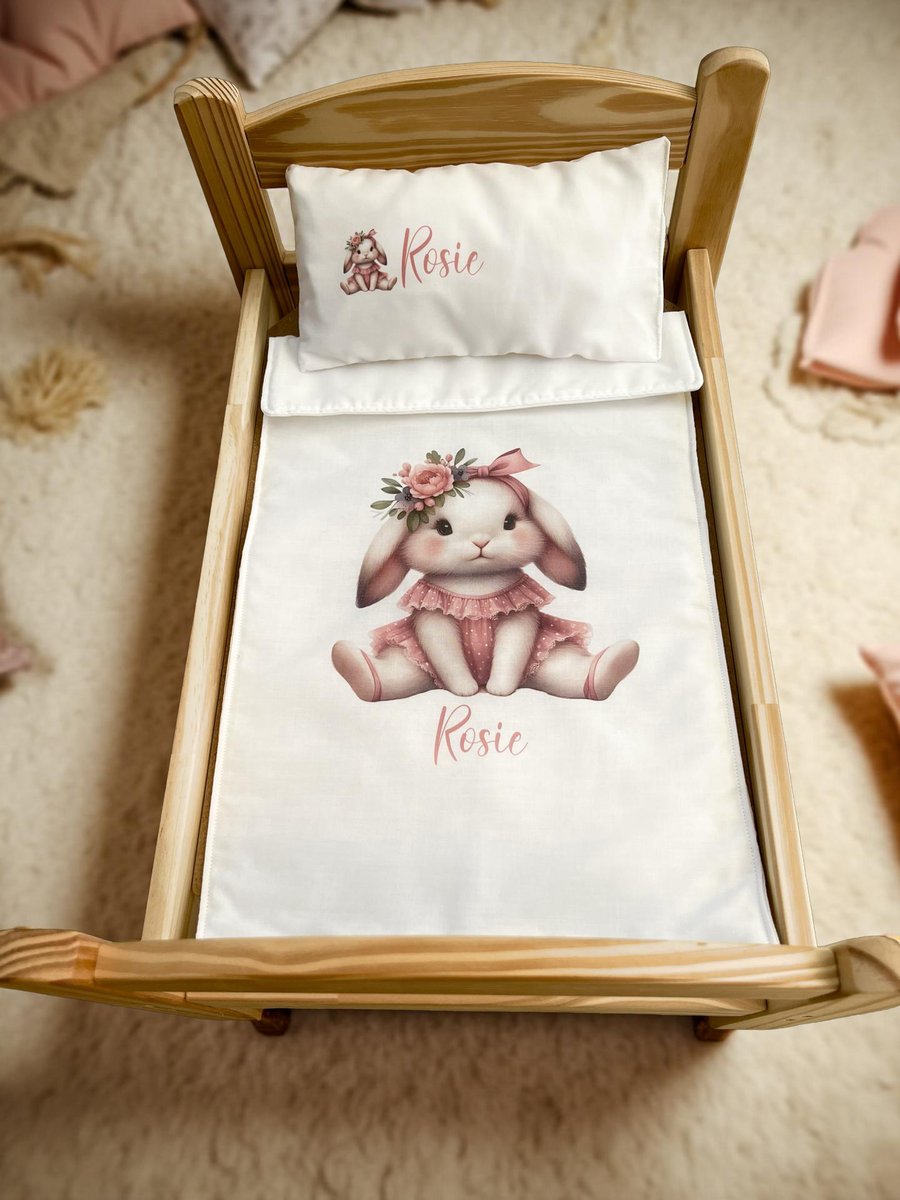 Personalised Dolly Bedding Bunny Rabbit pram cot set baby 18 inch dolls