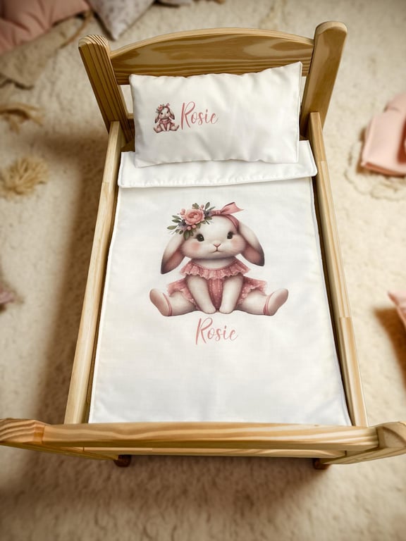 Personalised Dolly Bedding Bunny Rabbit pram cot set baby 18 inch dolls