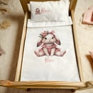 Personalised Dolly Bedding Bunny Rabbit pram cot set baby 18 inch dolls