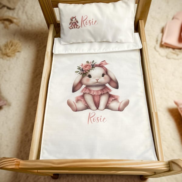 Personalised Dolly Bedding Bunny Rabbit pram cot set baby 18 inch dolls