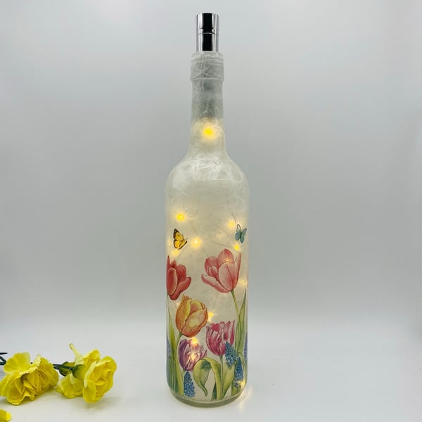 Decoupage bottle light with tulips, summer flowers, floral design