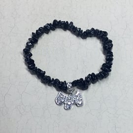 Black Spinel Elasticated Bracelet with Diamanté Dog Charm