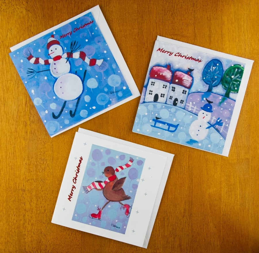 Christmas Cards Set of Three, Snowman Cards, Artist Winter Cards