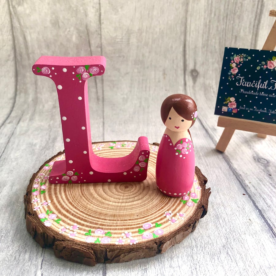 Peg Doll with Matching Initial letter, personalised gift Pink Letter L