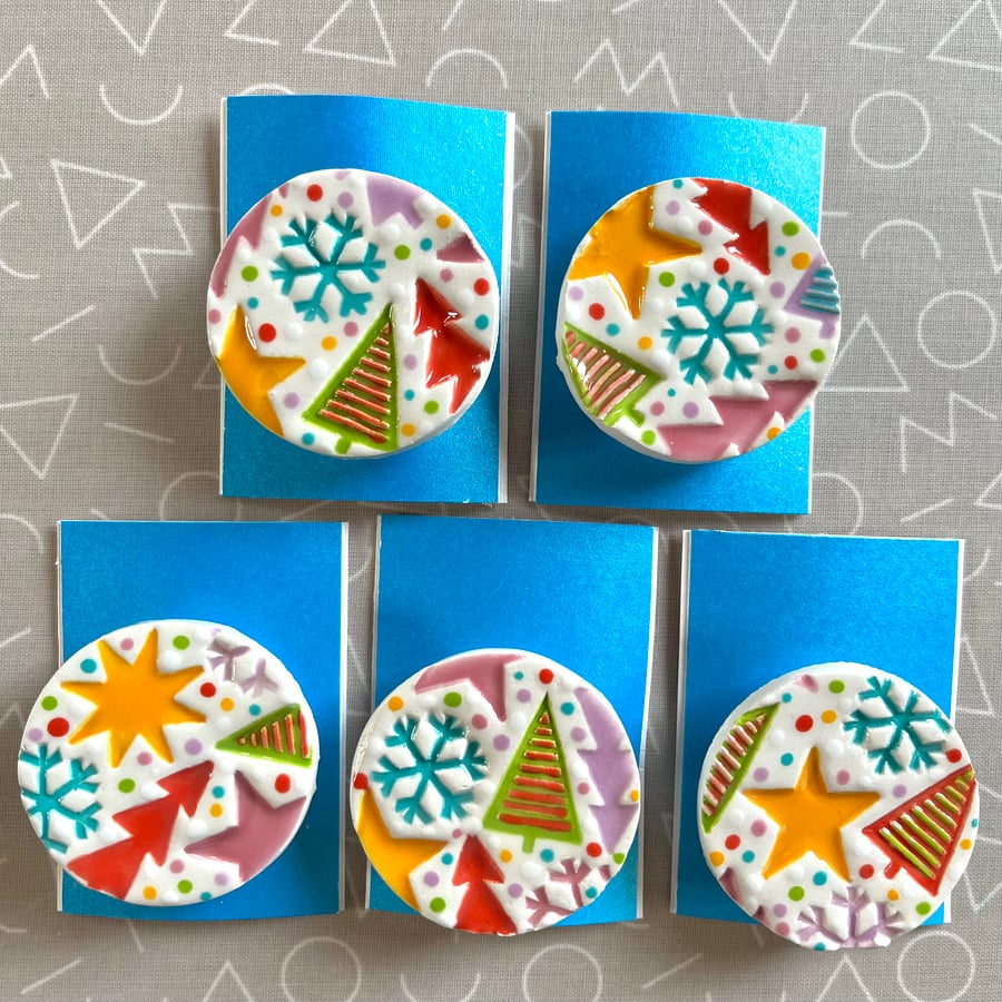 Handmade Christmas Confetti Ceramic brooch, Hand Made Pottery Badge