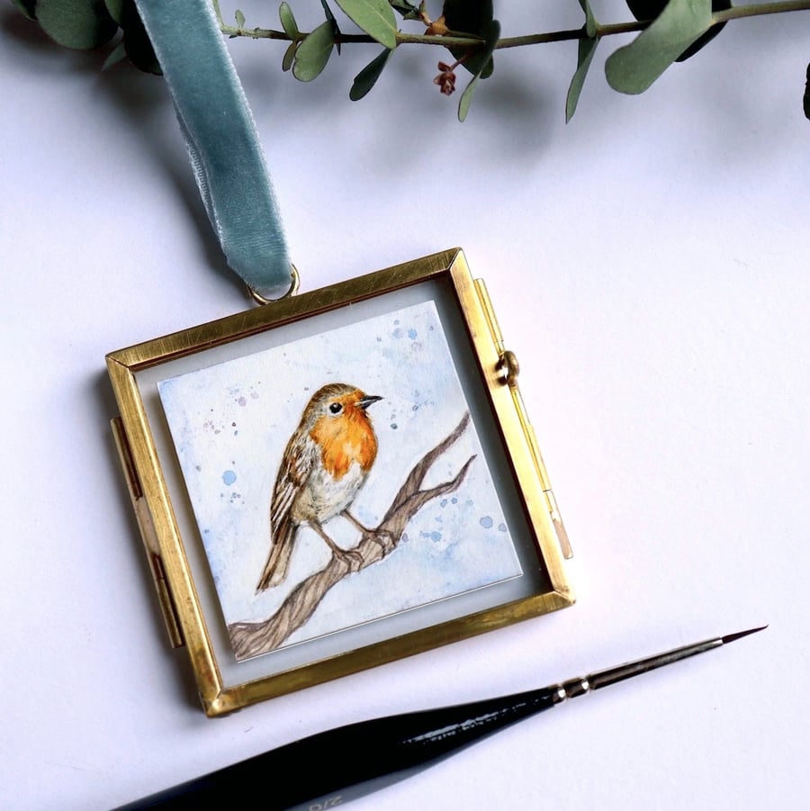 Original Watercolour Robin Miniature Painting Mini Brass Hanging Frame