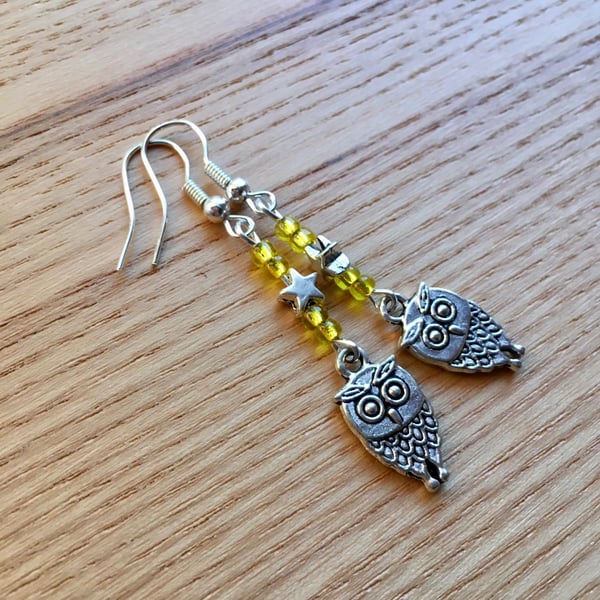 Yellow Owl Charm Earrings, Gift for Her, Nature Lover Present