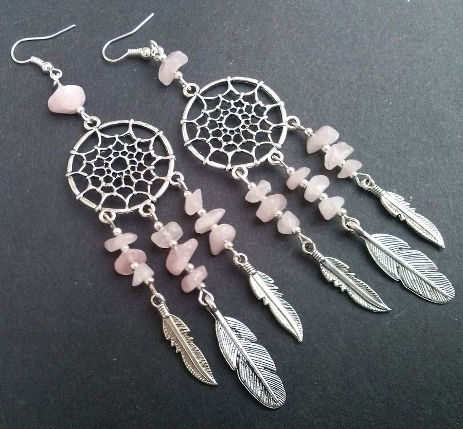 Pink Rose Quartz Agate Dreamcatcher New Age Statement Earrings Silver Plate 