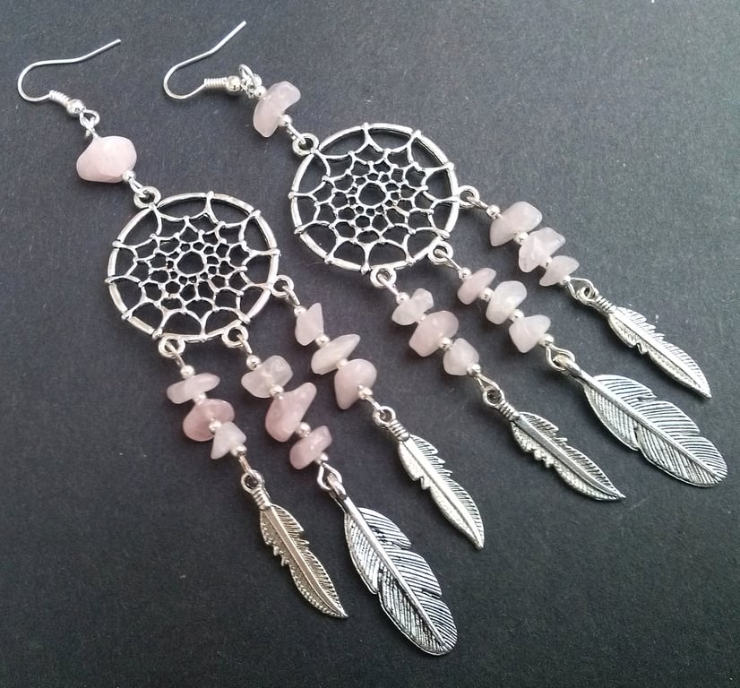 Pink Rose Quartz Agate Dreamcatcher New Age Statement Earrings Silver Plate 