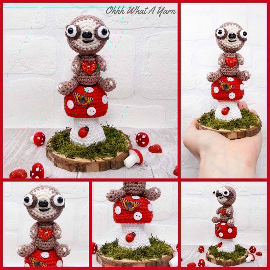 Seconds Sunday end of line. Sloth on a mushroom. Crochet sloth. Crochet ornament