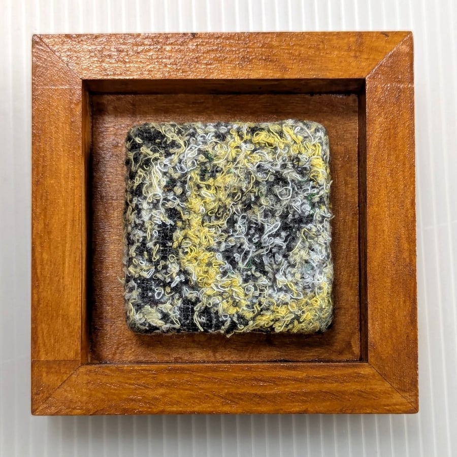 Yellow Abstract Textile Mini Art in varnished wooden frame.