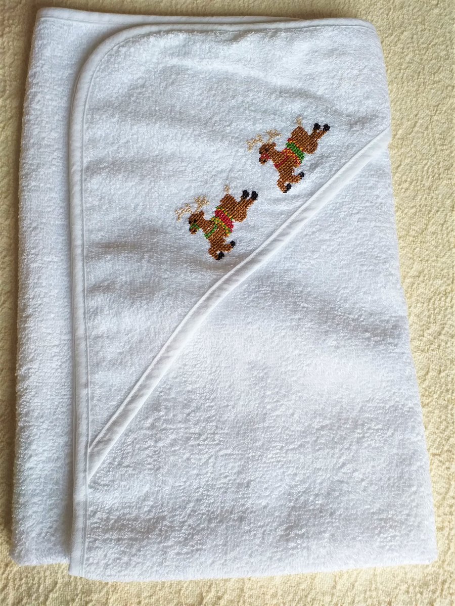 Reindeer Hooded Baby Towel, hand embroidered