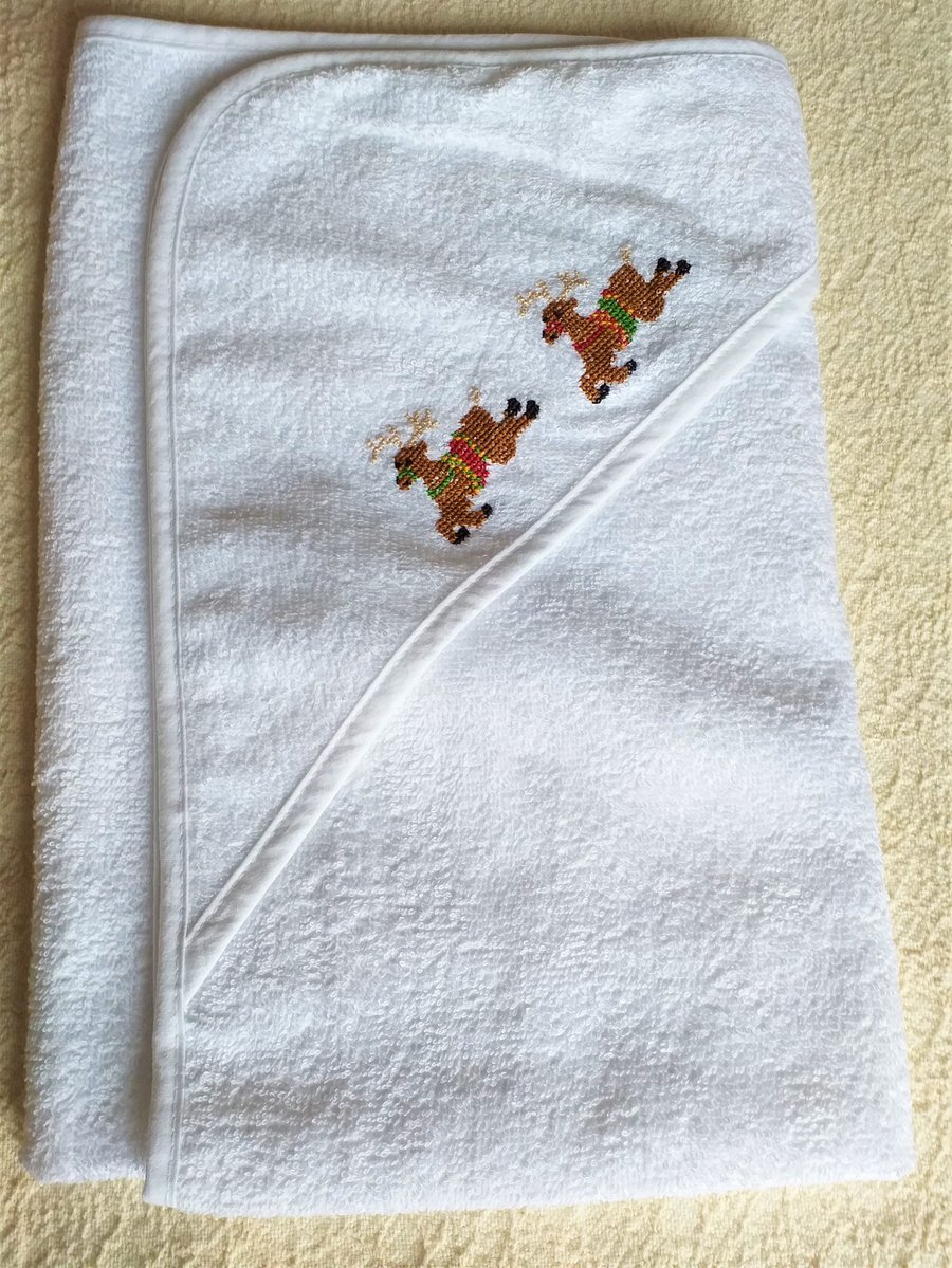 Reindeer, Hooded Baby Towel, hand embroidered