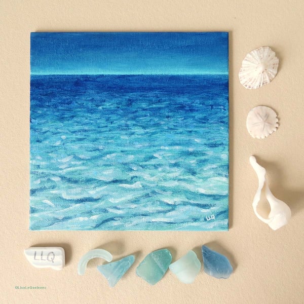 Turquoise sea gloaming original acrylic small scale painting wall or shelf art