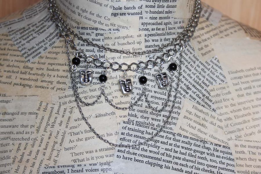 Silver Face Charm Multi Chain Statement Necklace