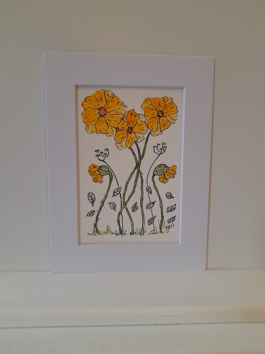  Pen & watercolour drawing yellow flowers in 6x8 inch white mount ready to frame