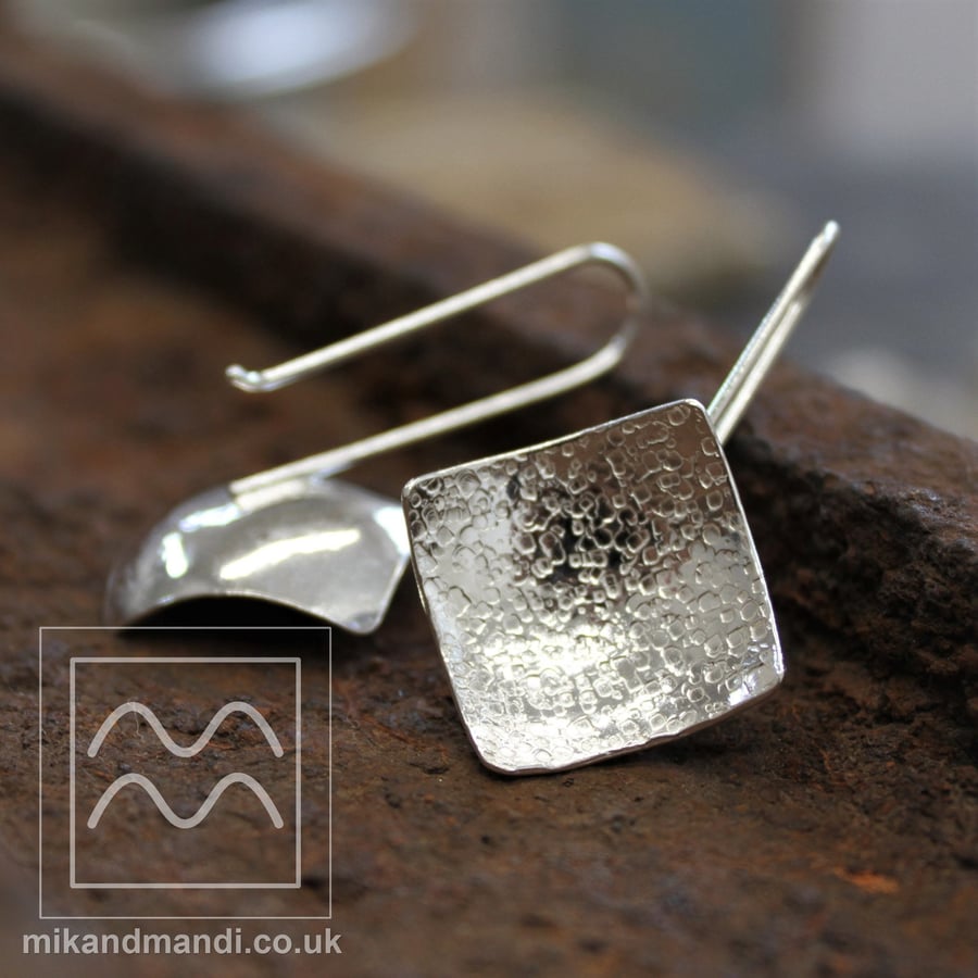 Silver Petal Dangle Earring Domed Diamond Square Statement Dangles Textured Ster