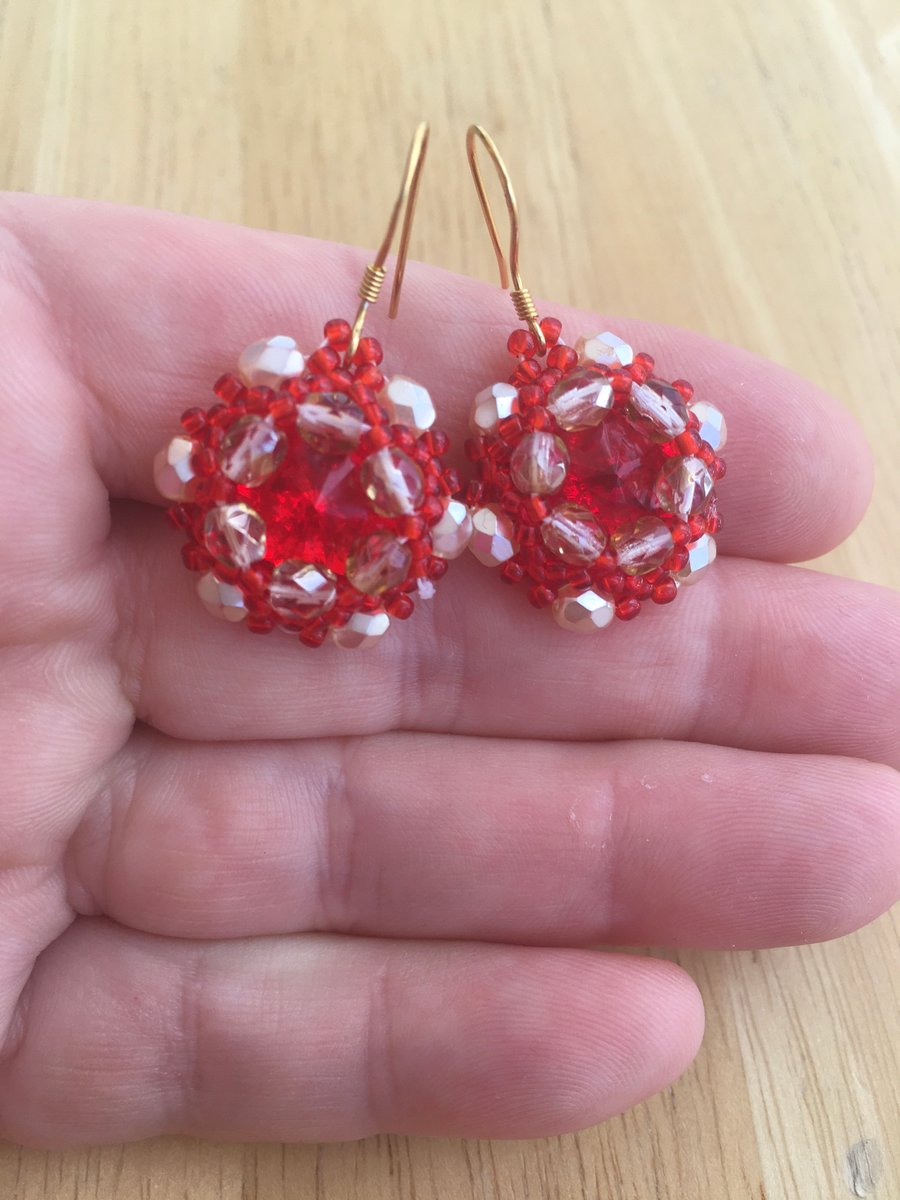 Red And Pearl Beadwork Crystal Handmade Earrings
