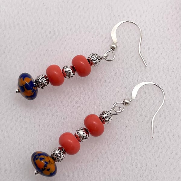 Seductive Royal Blue and Orange Calsilica Bead Earrings 
