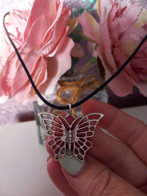 Butterfly pendant,Cord necklace,TurquoisePurple,Red,Orange,Yellow,Pink or Black 