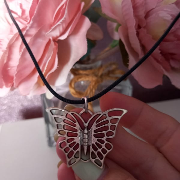 Butterfly pendant,Cord necklace,TurquoisePurple,Red,Orange,Yellow,Pink or Black 