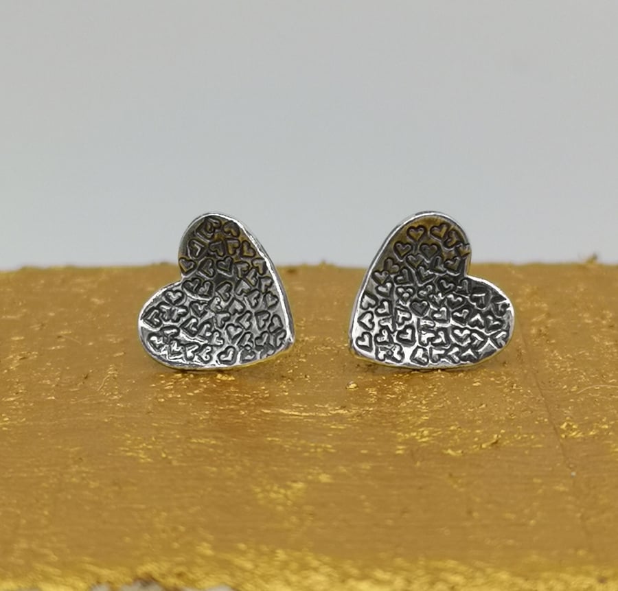 Heart Textured Silver Stud Heart Earrings 