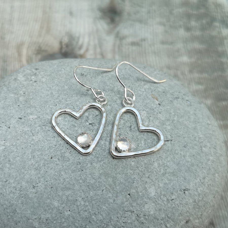 Sterling Silver Hammered Open Heart Earrings with Moonstone Gemstones