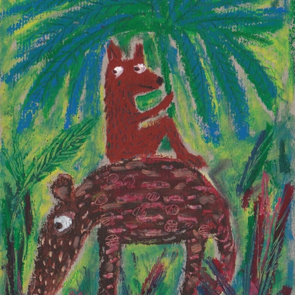 Cheeky Little Foxy Hitching a Ride -  Oil pastels - Made in Yorkshire