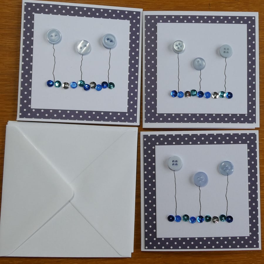 Pack of 3 Mini Blank Cards - Blue Button Flowers and Sequins