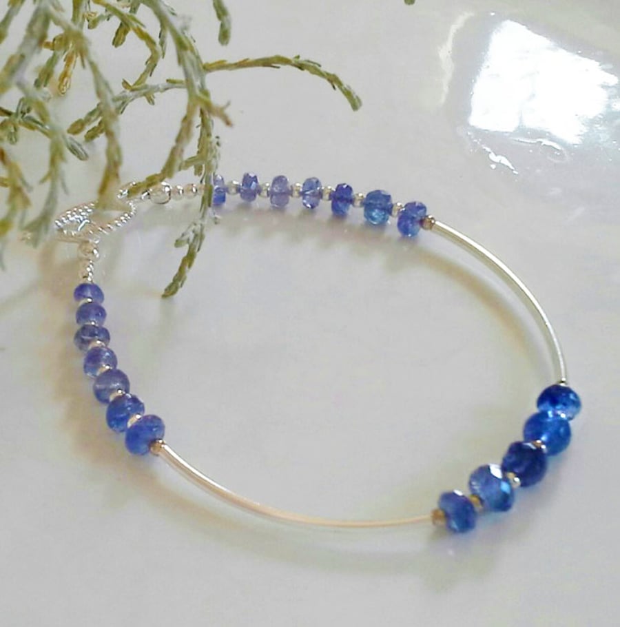 Tanzanite Faceted Bead Sterling Silver Noodle Bracelet