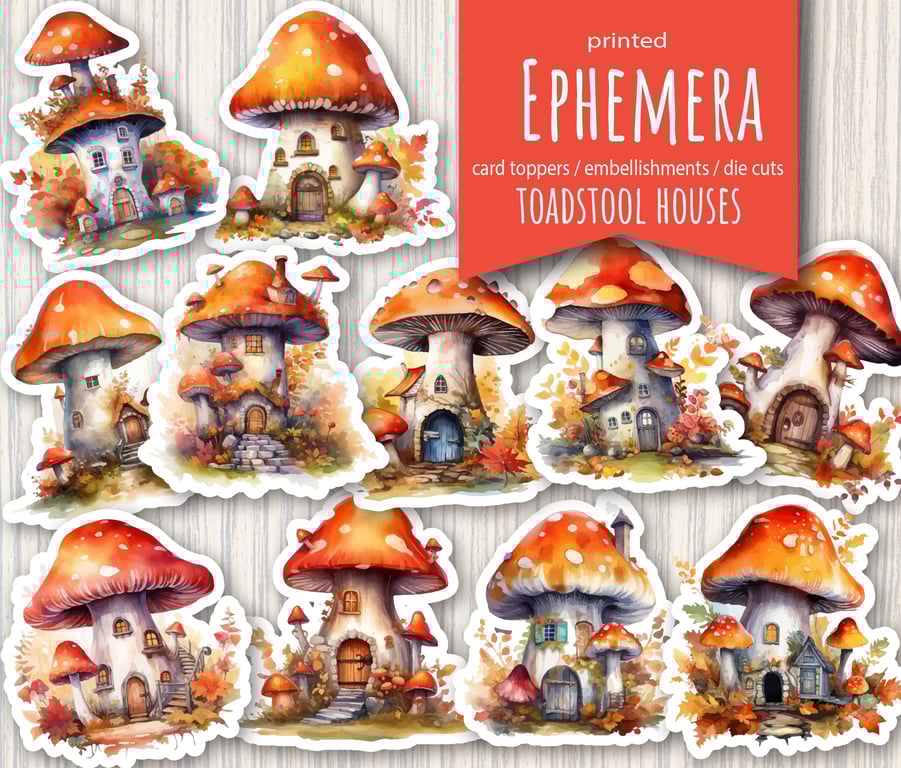 Autumn toadstool houses die cuts, card topper embellishments, fungi die cuts