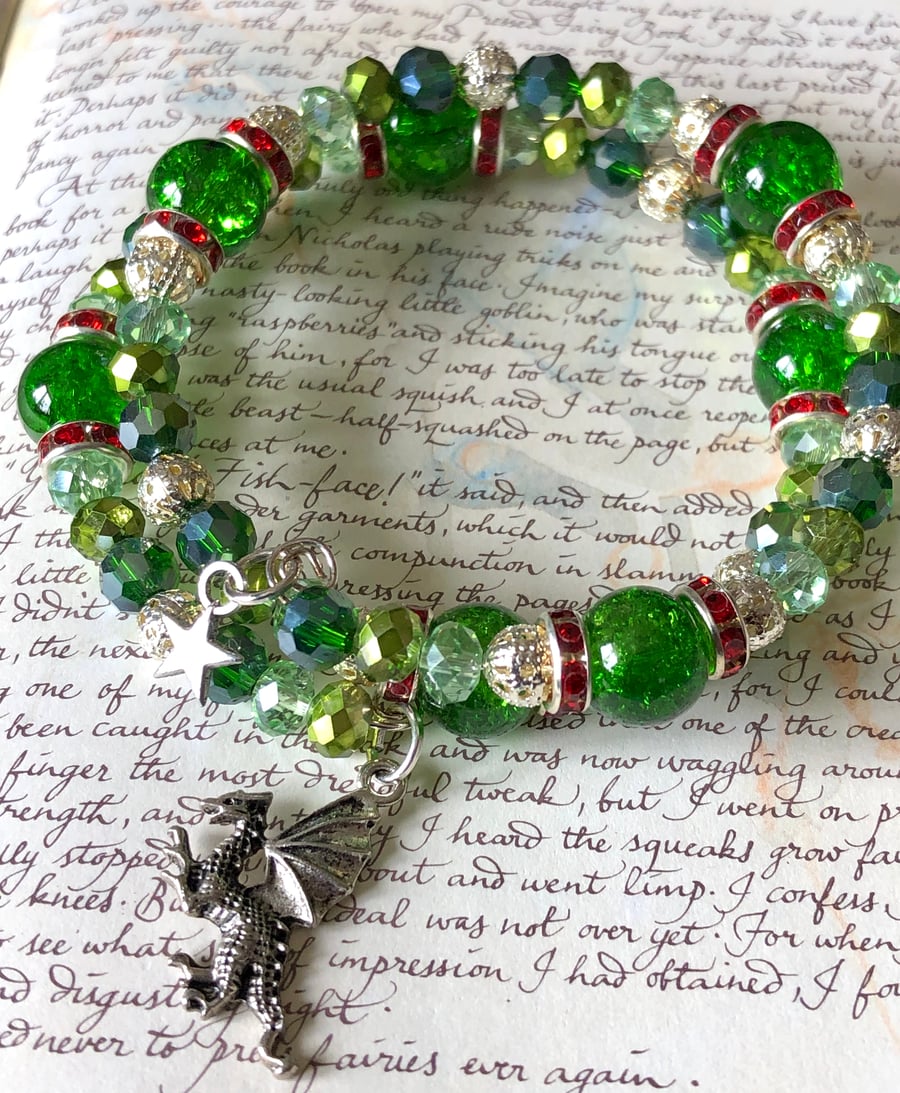 Dragon Star Green and Red Beaded Wrap Bracelet