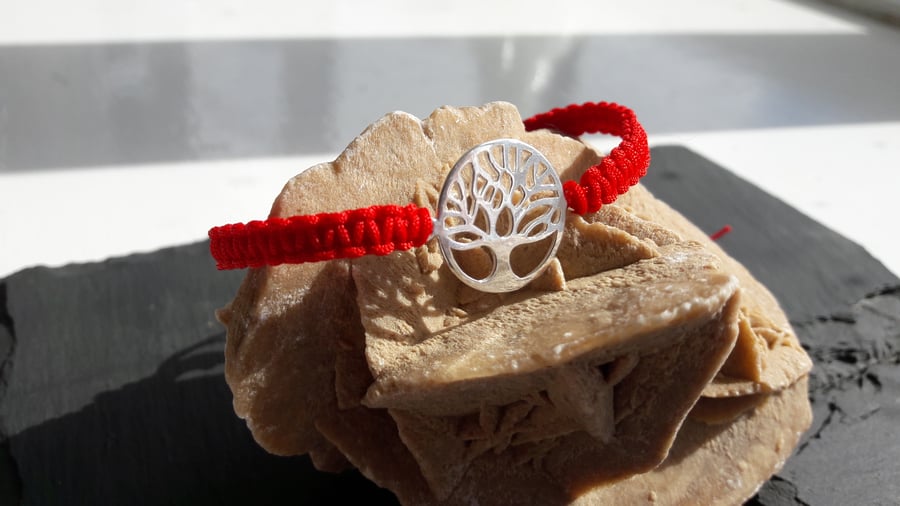 Sterling Silver Tree of Life and Red Cord Macrame Adjustable Bracelet