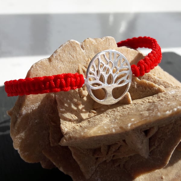 Sterling Silver Tree of Life and Red Cord Macrame Adjustable Bracelet