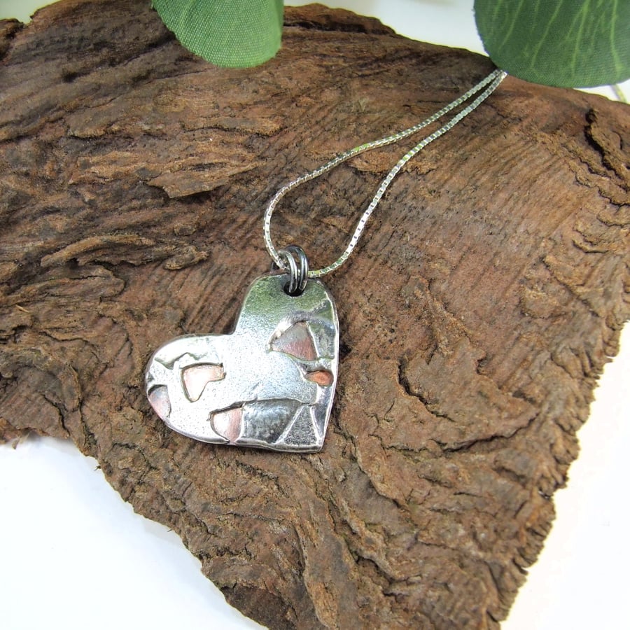 Pendant, Silver Heart, Copper & Silver Rustic Lattice Heart Necklace