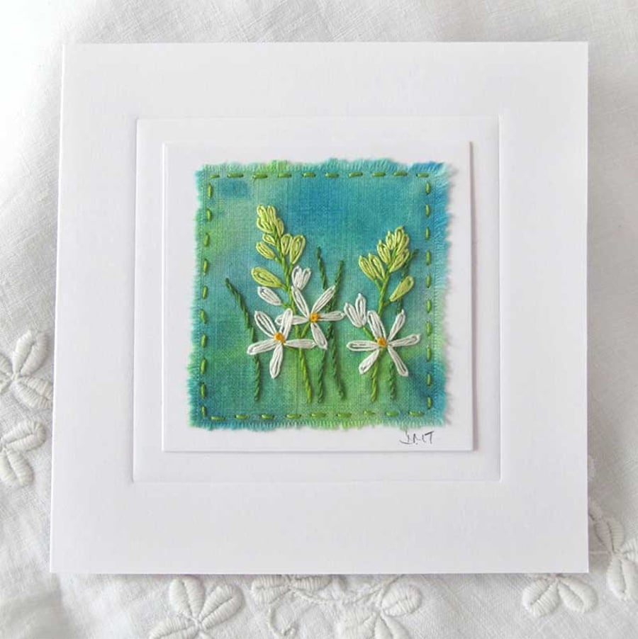 HAND EMBROIDERED GREETINGS CARD ON HAND DYED FABRIC