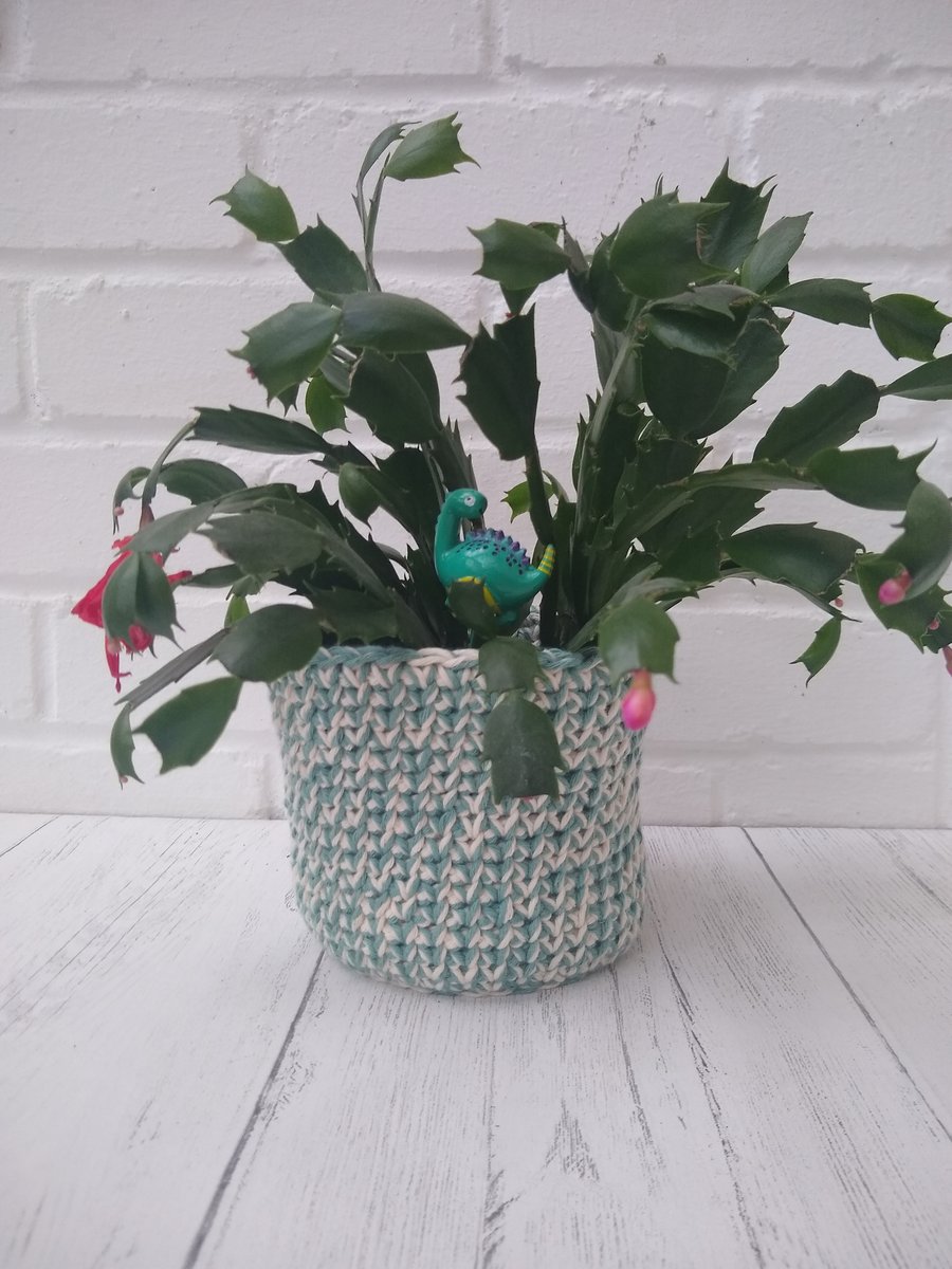 Cream and green plant pot cover, small storage basket