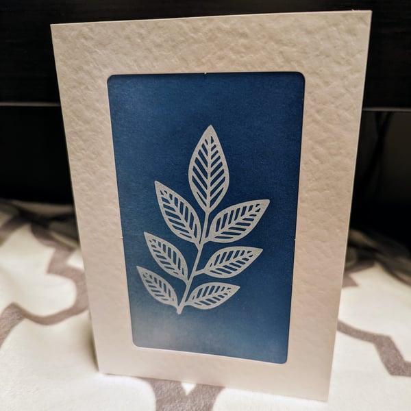 Leaf Nature Cyanotype Print Card Blue White Framed Hammered Effect Small