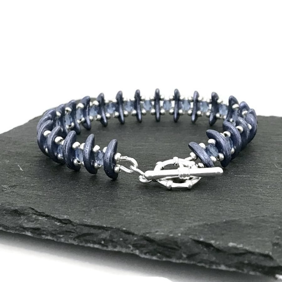 Metallic Sapphire Crescent Bead and Crystal Bead Weave Bracelet