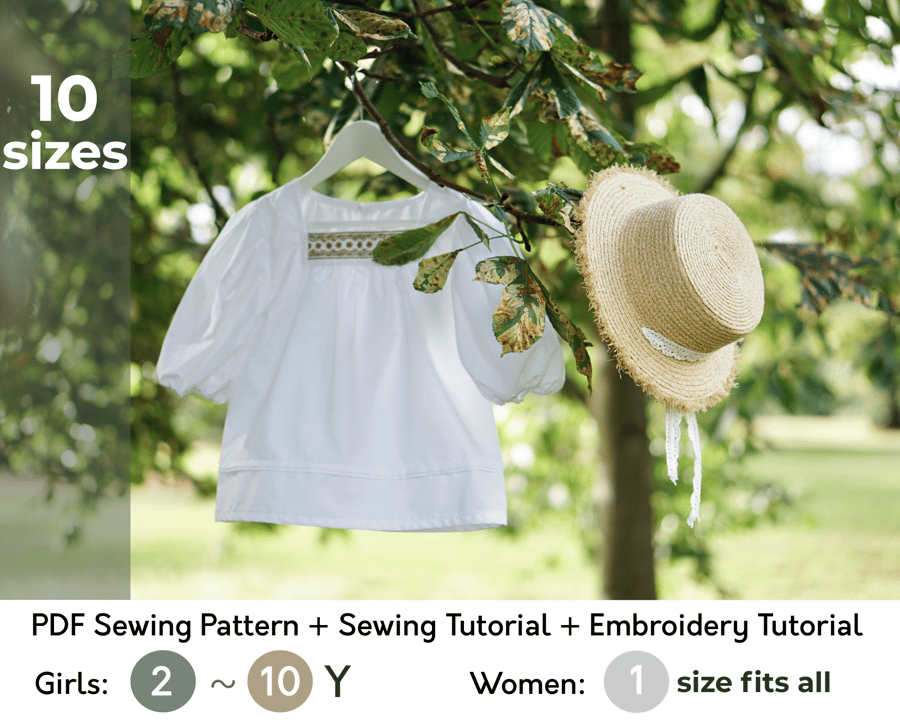PDF Digital Sewing Pattern SULA Embroidered Blouse 10 Sizes Girls Woman