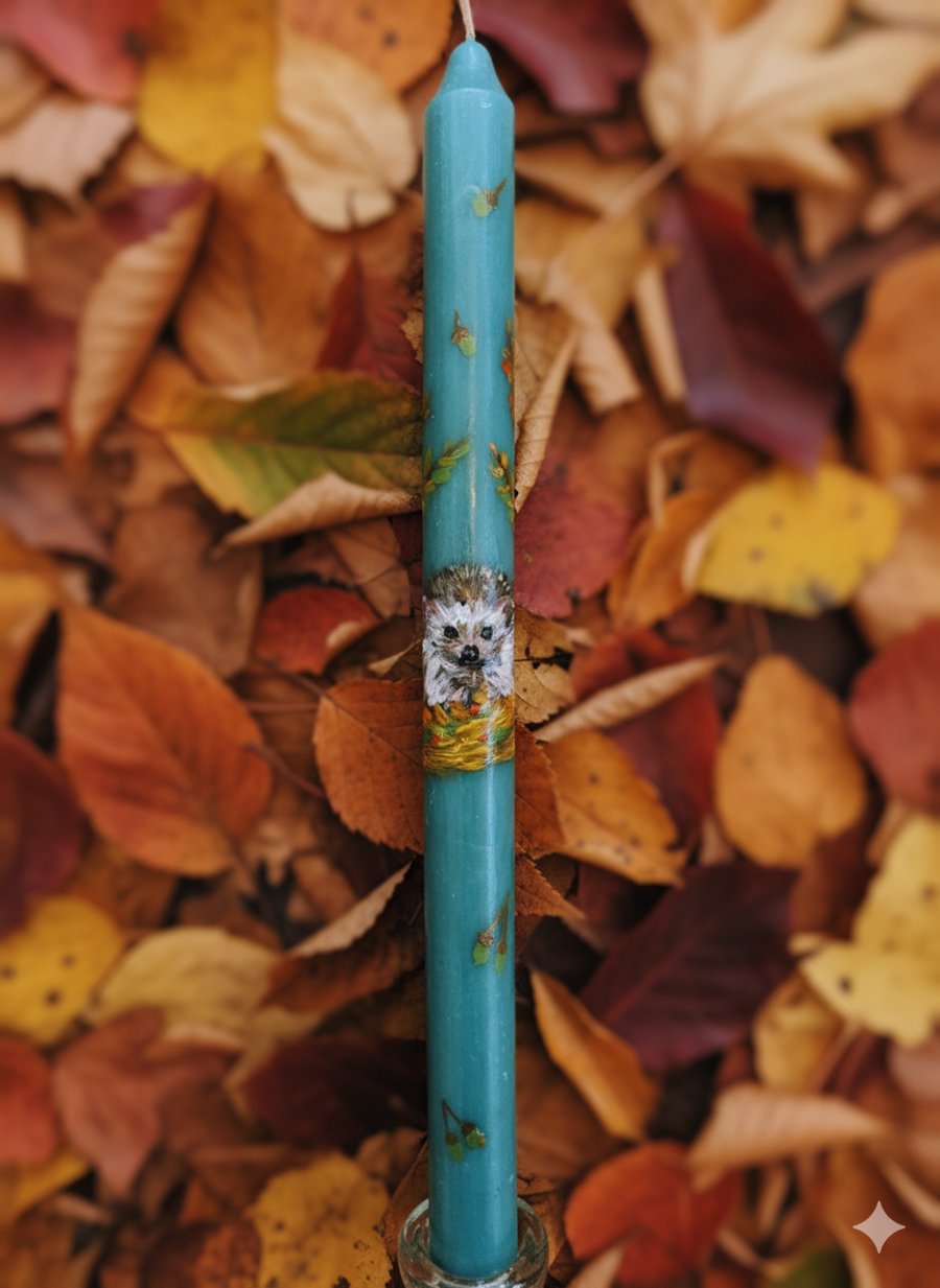 Beautiful hedgehog candle in blue green