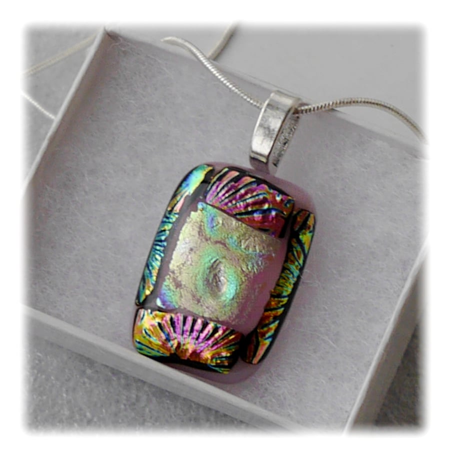 Dichroic Glass Pendant 099 Pink Abstract Handmade with silver plated chain