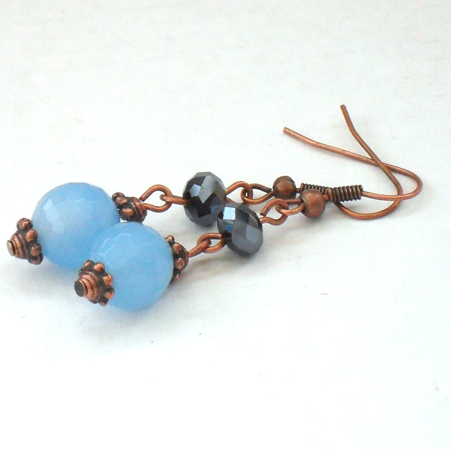 Blue aquamarine and jet crystal handmade copper earrings