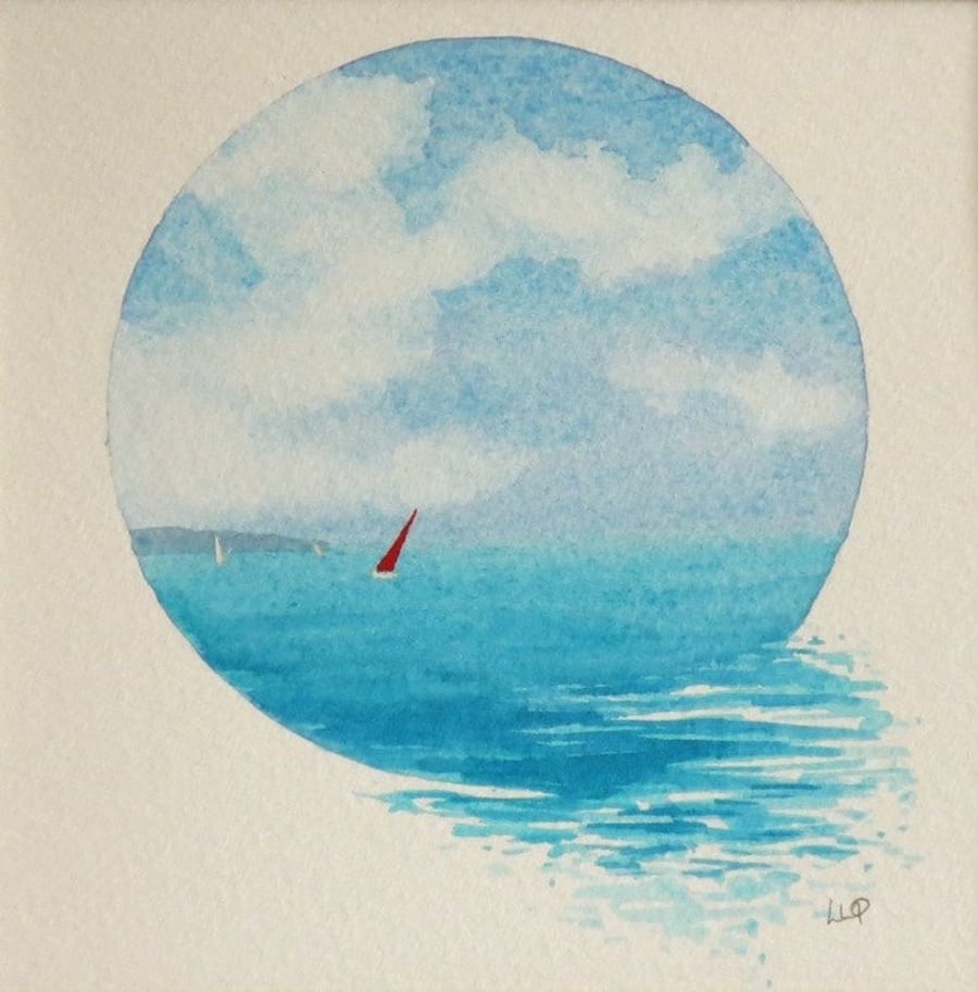Red Sail II watercolour vignette an original painting ready to frame