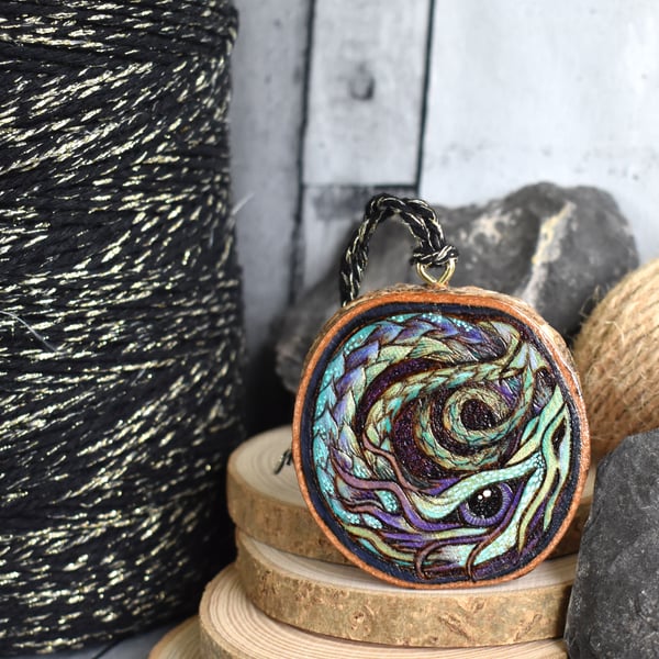 The tinsel dragon pyrography hanging wood slice decoration