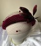Cherie - Burgundy Velvet Feather Headband Fascinator with Birdcage Veiling  - Image 3